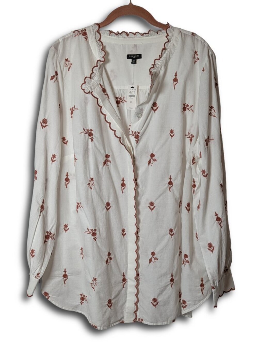 Talbots Plus 2X NWT Bisque LS Button Down w/ Brown Floral and Scallop embroidery